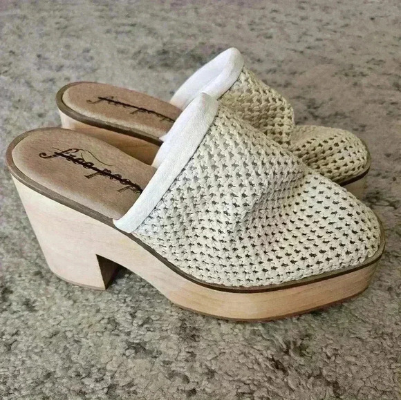 Free People Women's Beige Walk On Wood Boho Leather Platform Woven Clogs 38 - Picture 4 of 12
